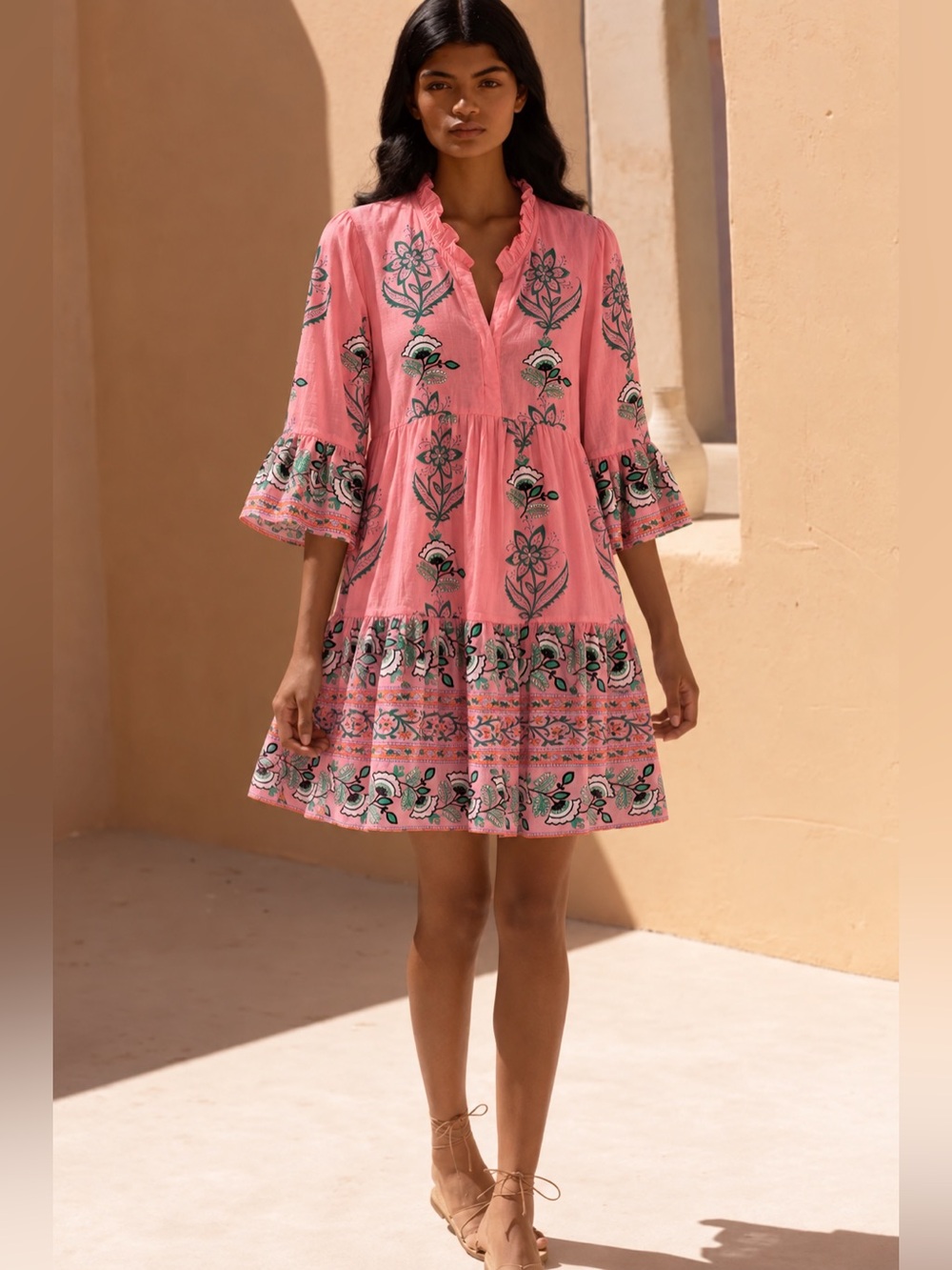 Oliphant Pink Floral Embroidered Cotton Tunic Dress Size M Bell Sleeve
